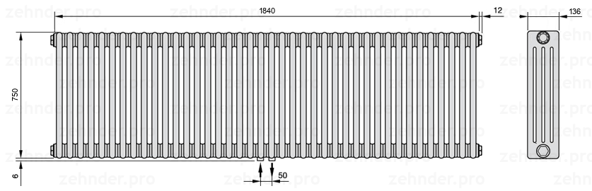 Схема (чертеж) Радиатор Zehnder Charleston 4075/40 №3470 Белый глянцевый RAL 9016